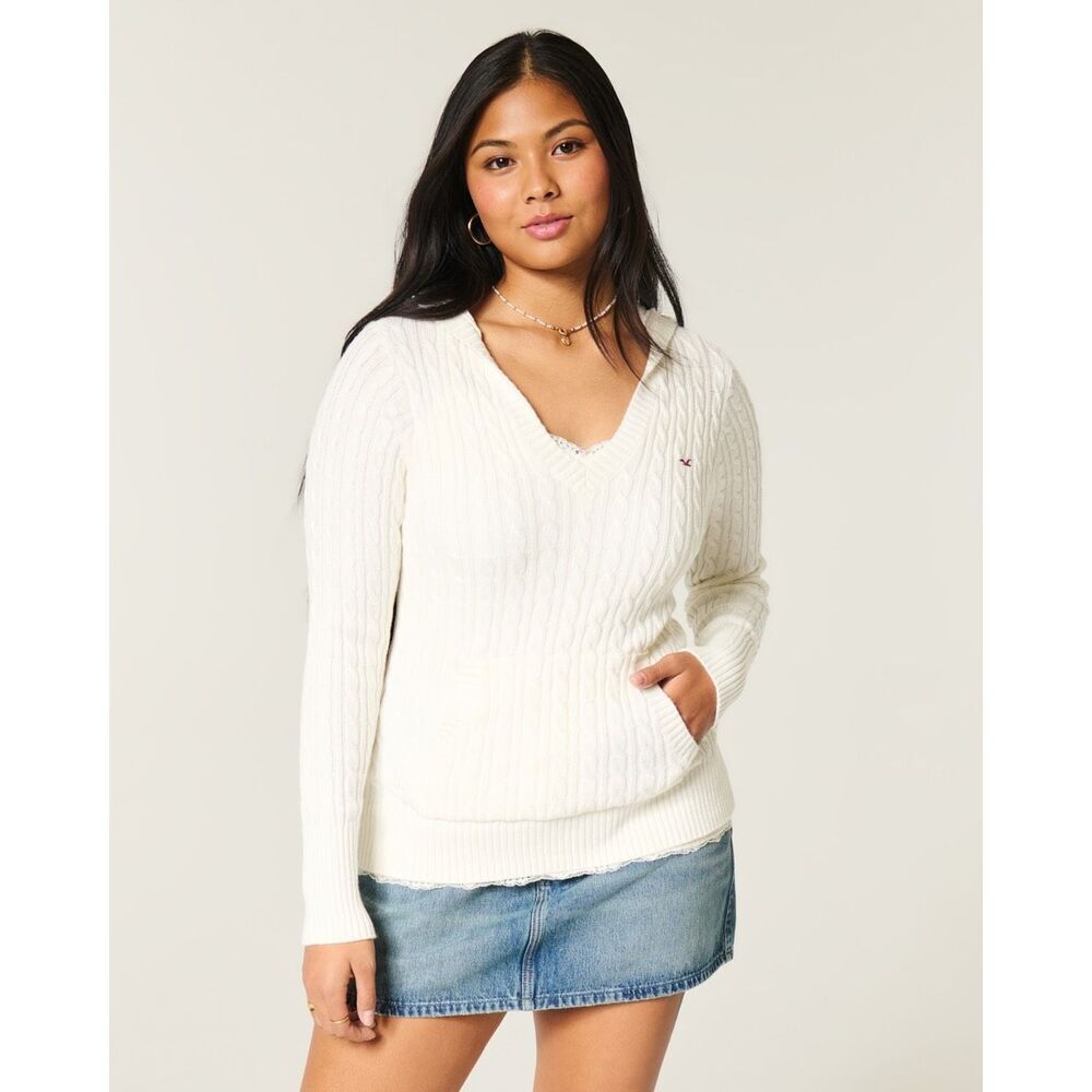 NWT! Hollister Cloud White Cable Knit V Neck Hoodie Sweater XL